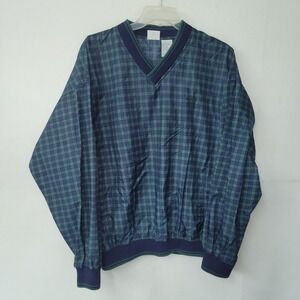 Jerzees Windbreaker Jacket Mens XL Plaid V Neck Pullover Navy Green Golf Vintage